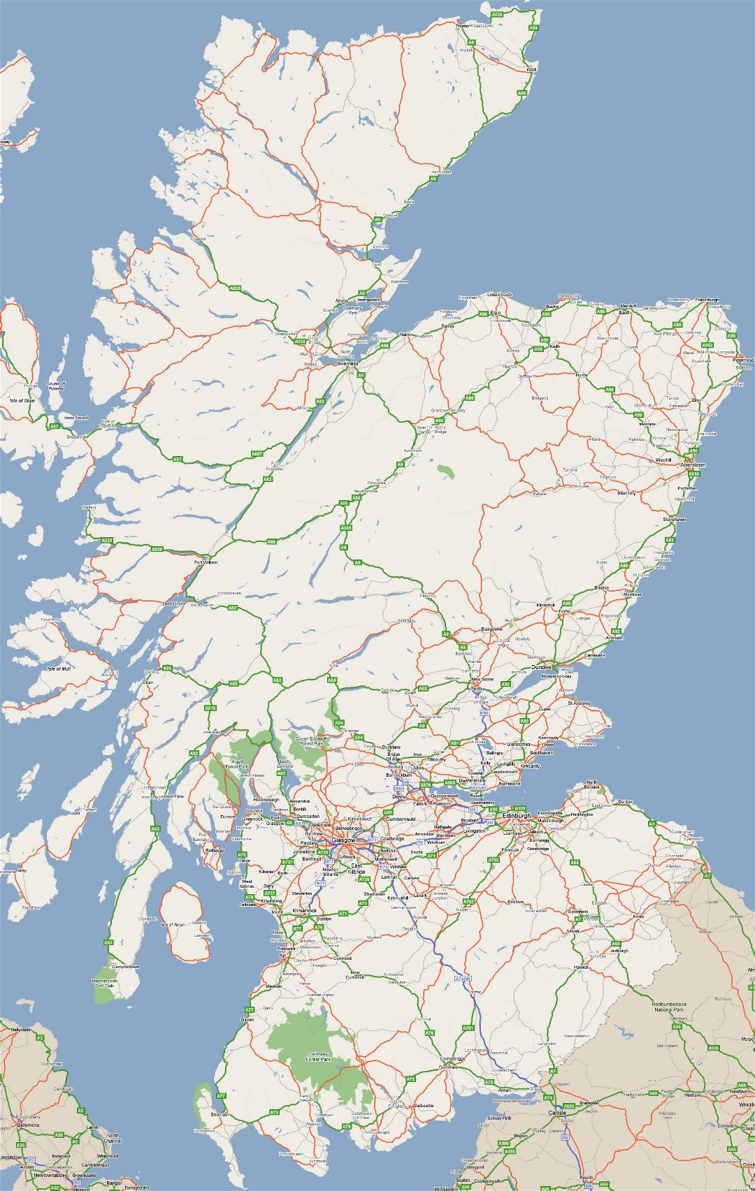 Большая карта дорог Шотландии с городами